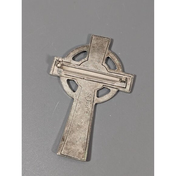Vintage St Justin Pewter Cross Pin Brooch Celtic Knot Silver Tone - Picture 4 of 7